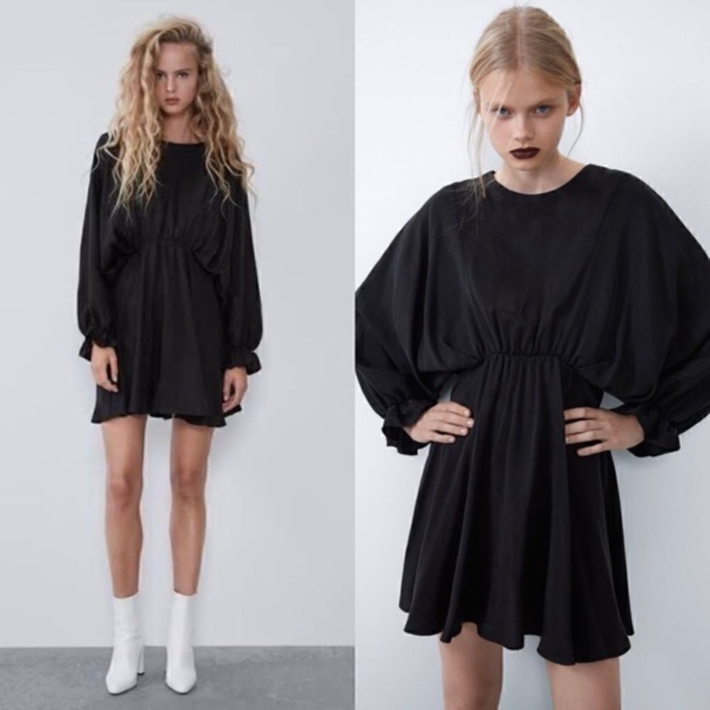 Zara Dolman Mini Black Dress Ruffle Puff Cinched Babydoll Size S